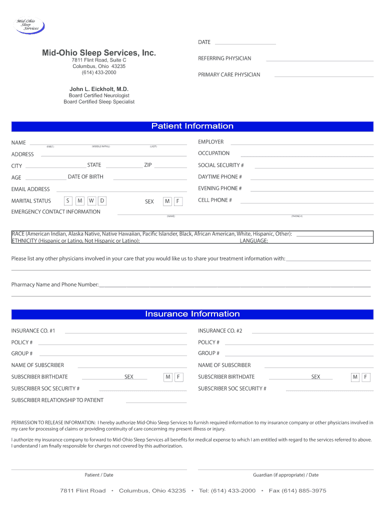 Printable Intake Forms  Mid Ohio Sleep Services