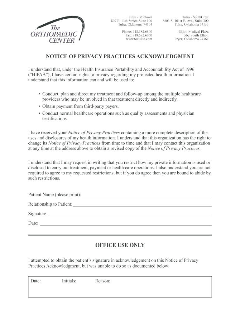 Get and Sign HIPAA Notice of Privacy Practices the Orthopaedic Center 2014-2022 Form