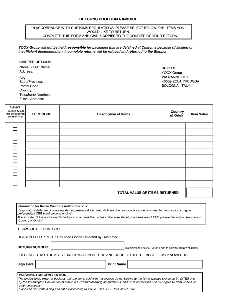 Yoox Return Form PDF