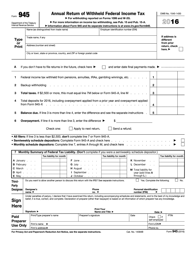  Form 945 Annual Return of Withheld Federal Income Tax 2014