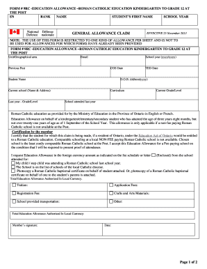 FORM # 9RC EDUCATION ALLOWANCE ROMAN CATHOLIC EDUCATION KINDERGARTEN to GRADE 12 at the POST SN RANK NAME STUDENT S FIRST NAME S