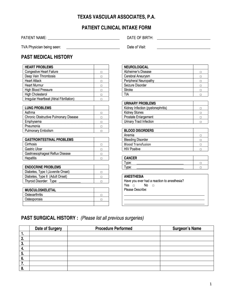 New Patient Clinical Intake Forms Texas Vascular Associates