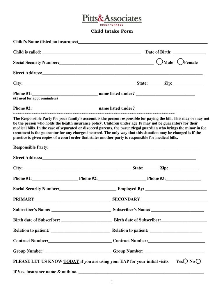  Child Intake Form  Pitts & Associates, Inc 2013-2024