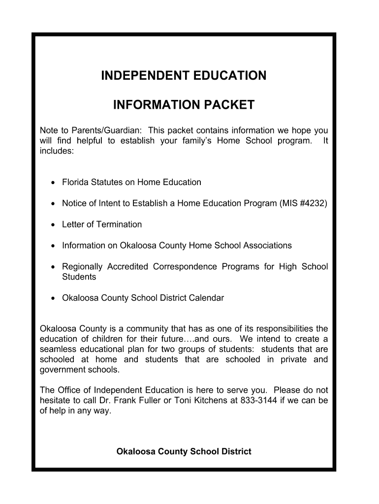 Home School Packet  Okaloosa County School District  Form