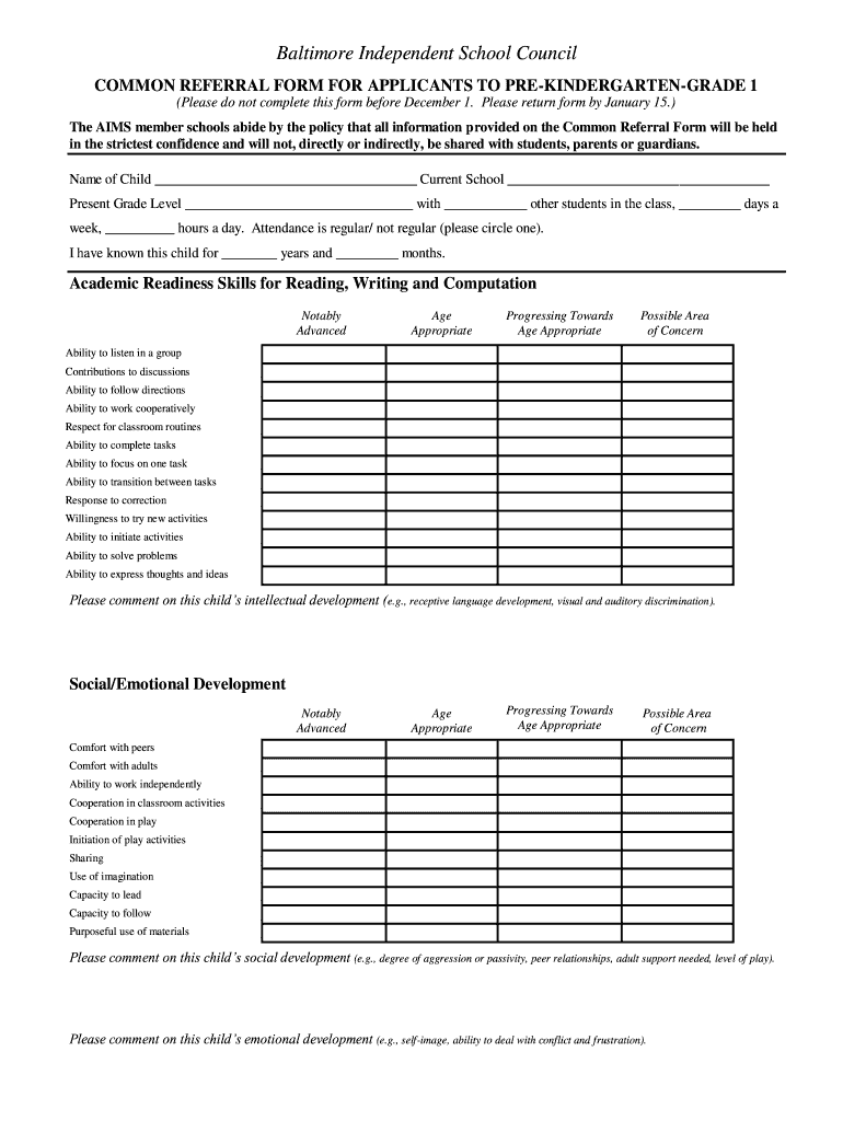 Baltimore Independent School Council Common Referral Form