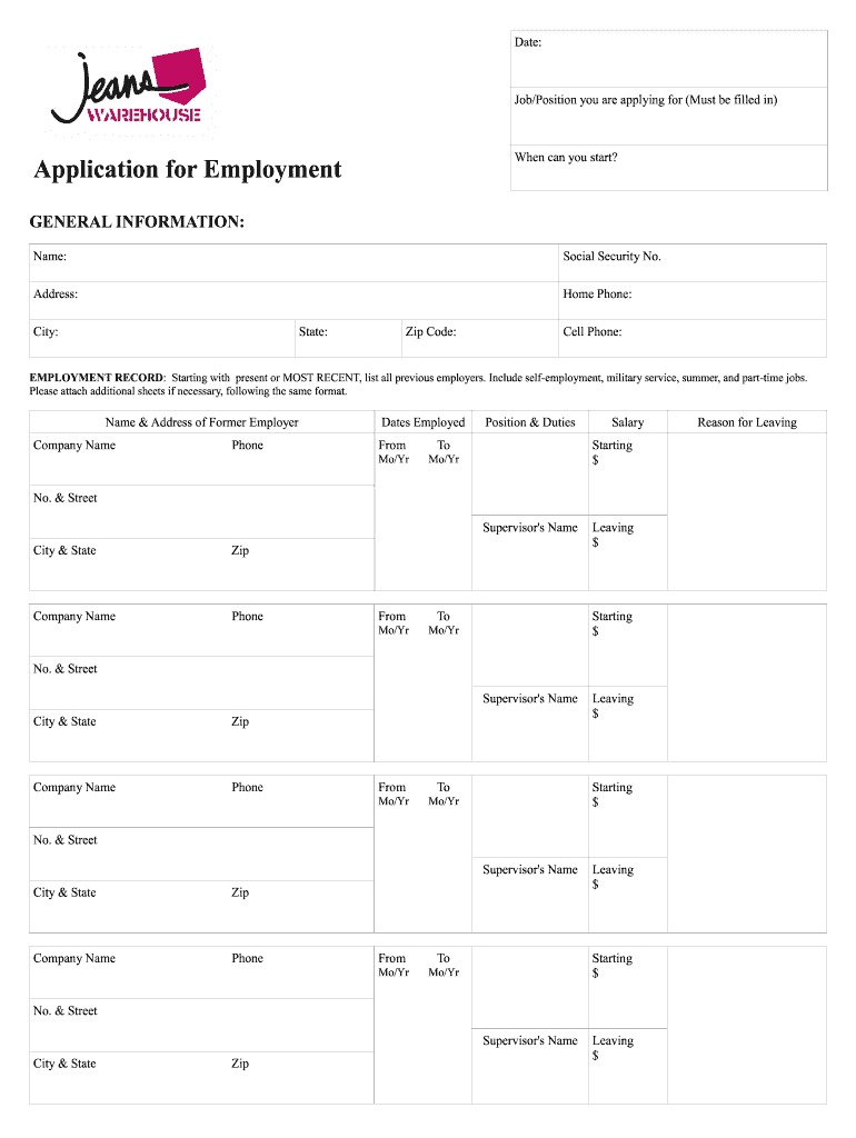Get and Sign Jeans Warehouse Application  Form