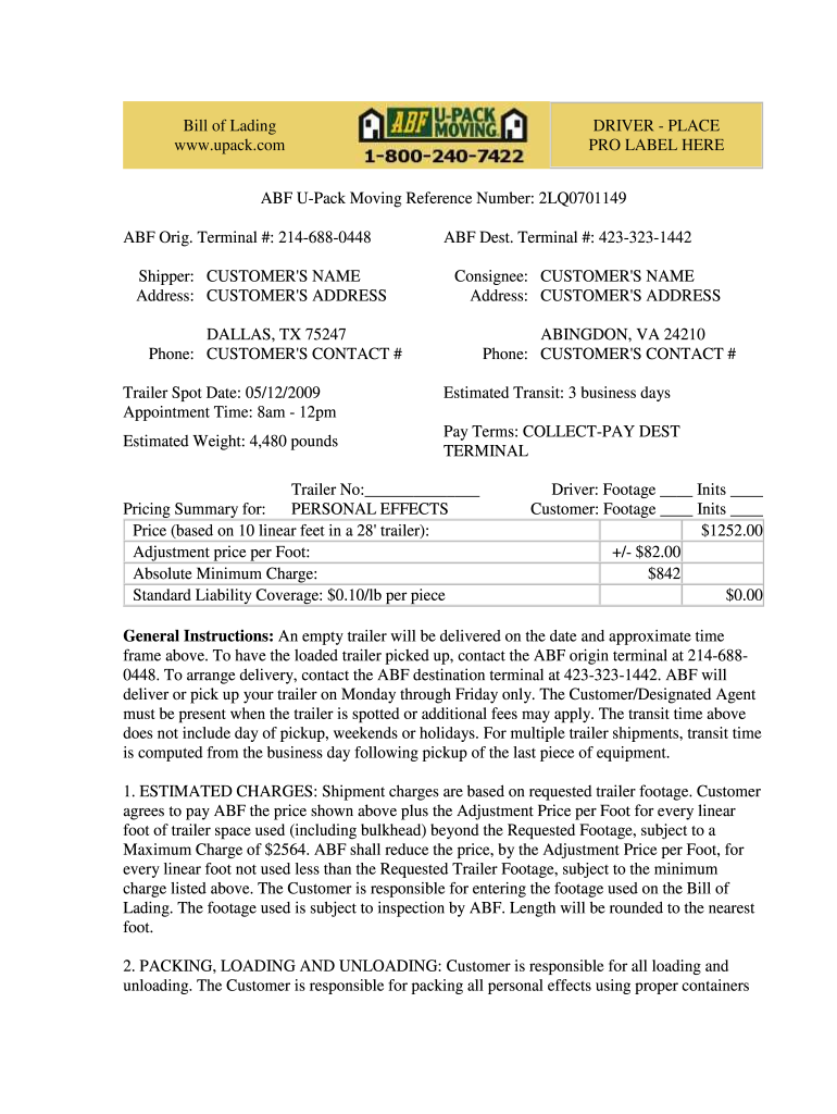  Abf Bill of Lading PDF 2009-2024