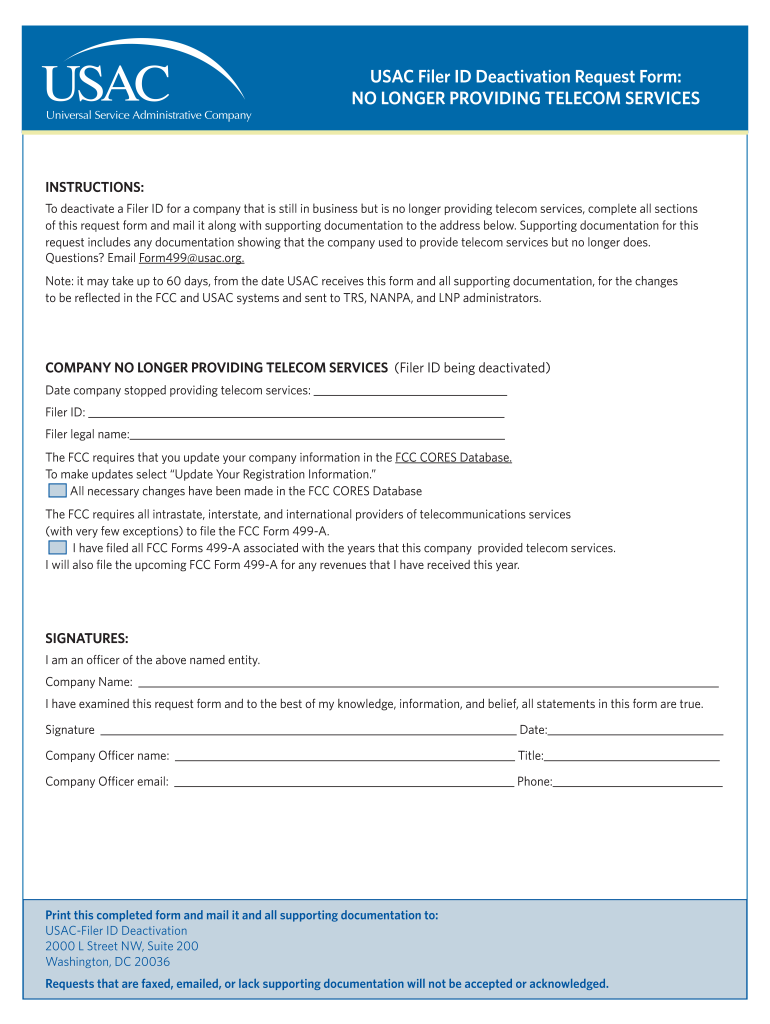 USAC Filer ID Deactivation Request Form NO LONGER    Universalservice