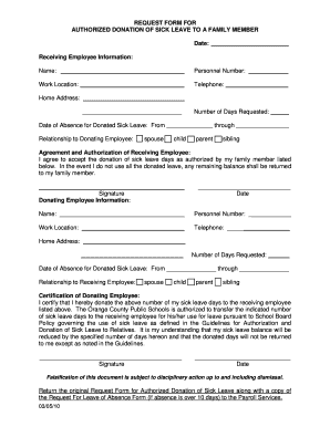 AUTHORIZATION and DONATION of SICK LEAVE to an EMPLOYEE RELATIVE Ocps  Form