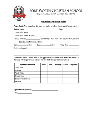 Volunteer Evaluation Form Fort Worth Christian School Fwc