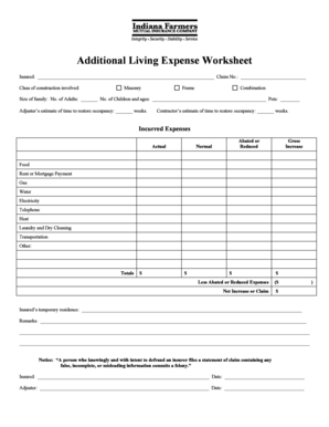 State Farm Additional Living Expense Worksheet  Form
