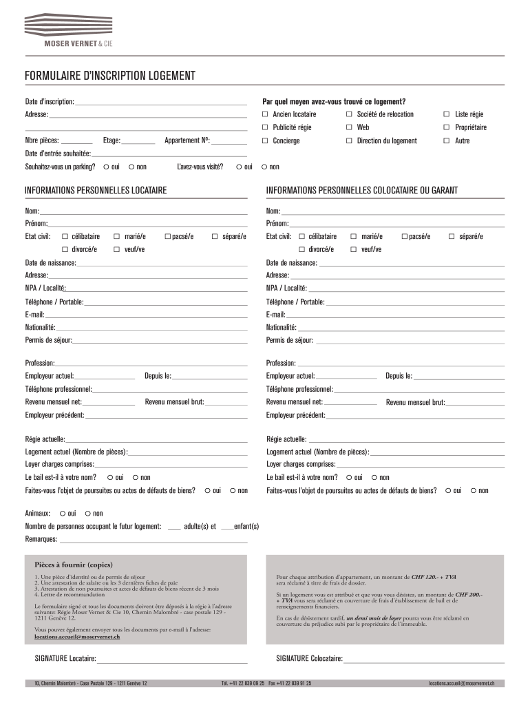 Formulaire D39inscription Logement PDF Moser Vernet Amp Cie