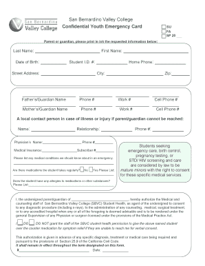 Confidential Youth Emergency Card San Bernardino Valley College  Form