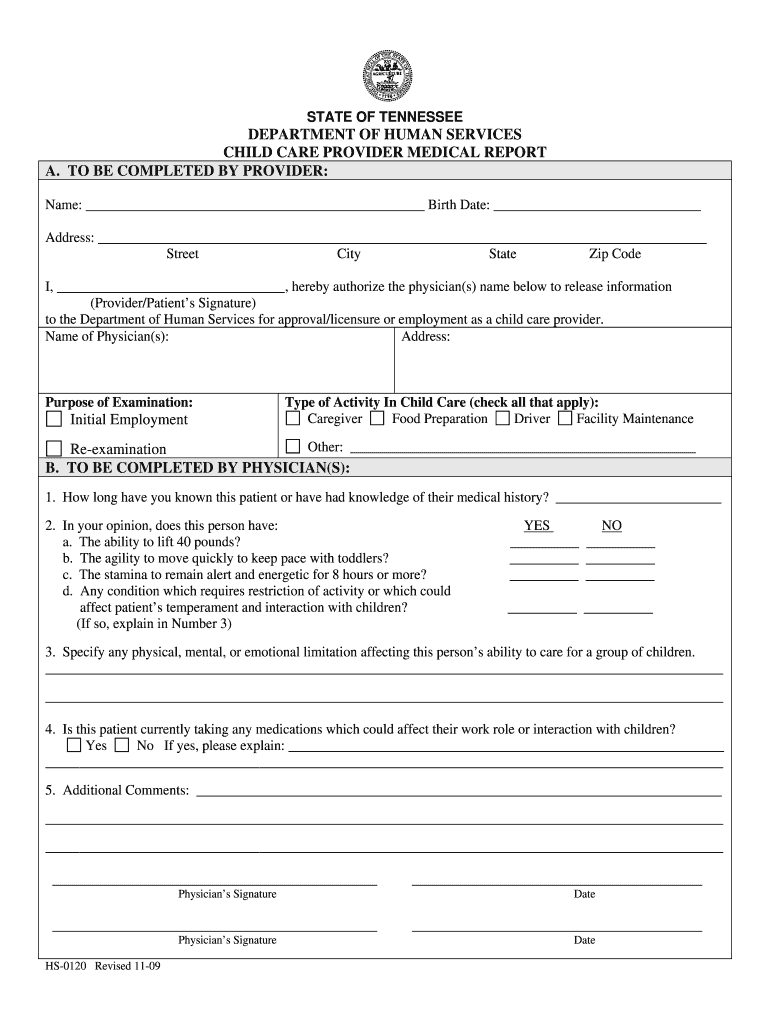  State of Tn Dept of Human Resources Child Care Provider Medical Report 2009-2024