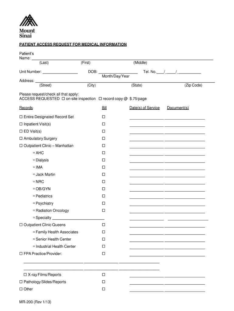 Get and Sign Mount Sinai Medical Form 2013-2022