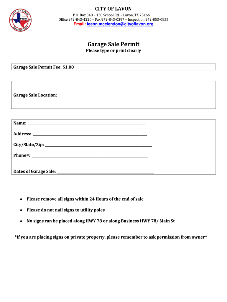 Garage Sale Permit Application PDF City of Lavon  Form