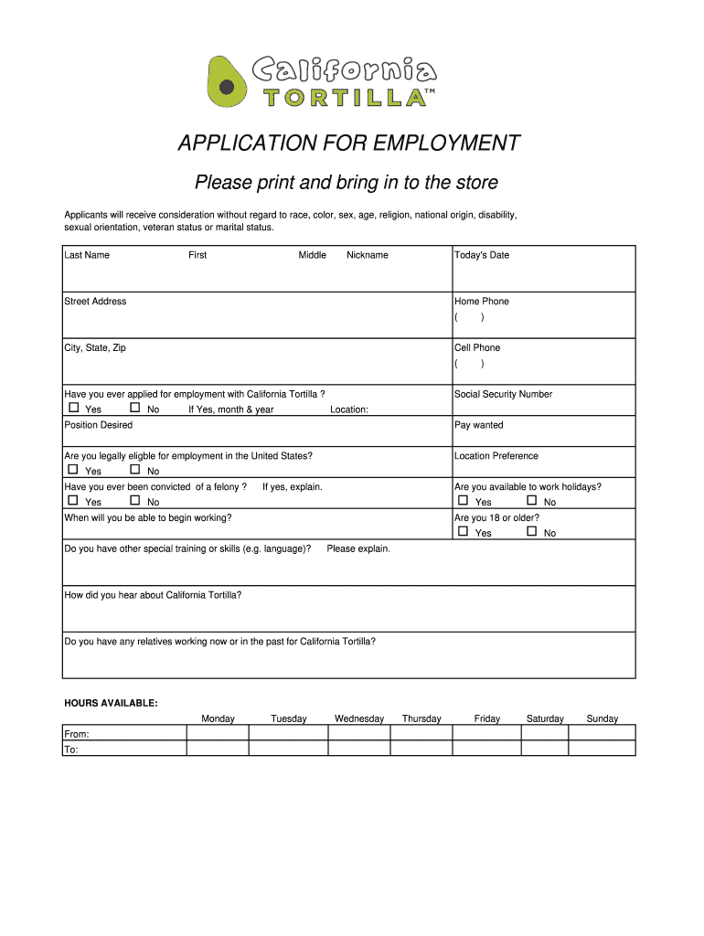 California Tortilla Application  Form