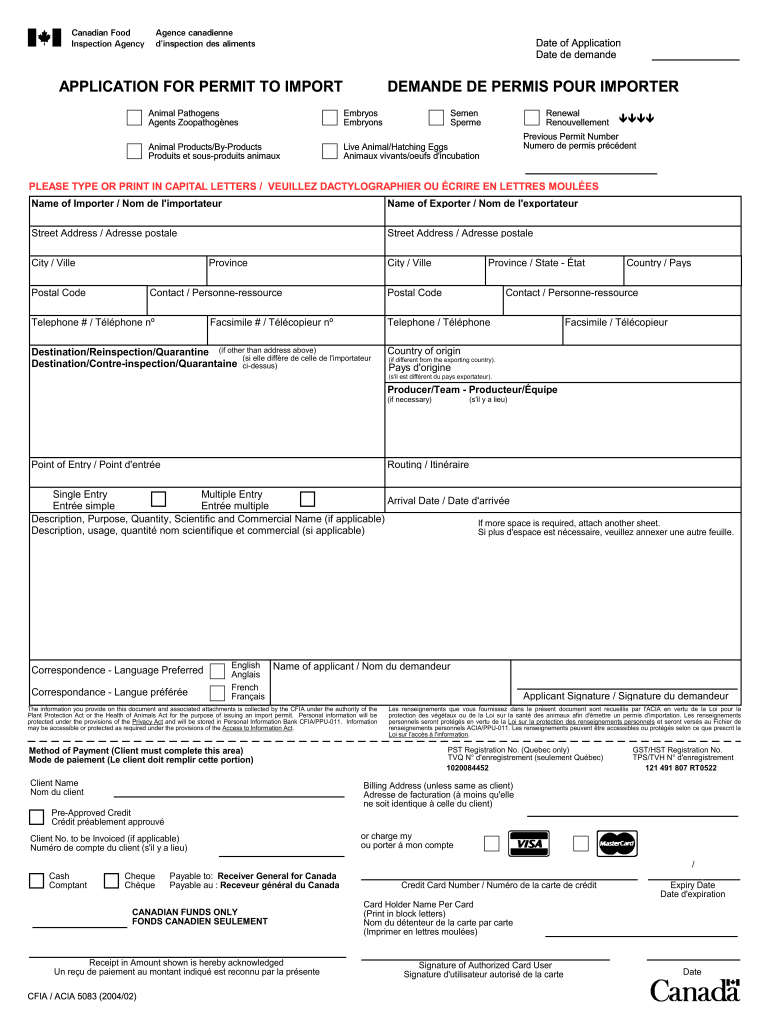  APPLICATION for PERMIT to IMPORT CFIA ACIA 5083 2004