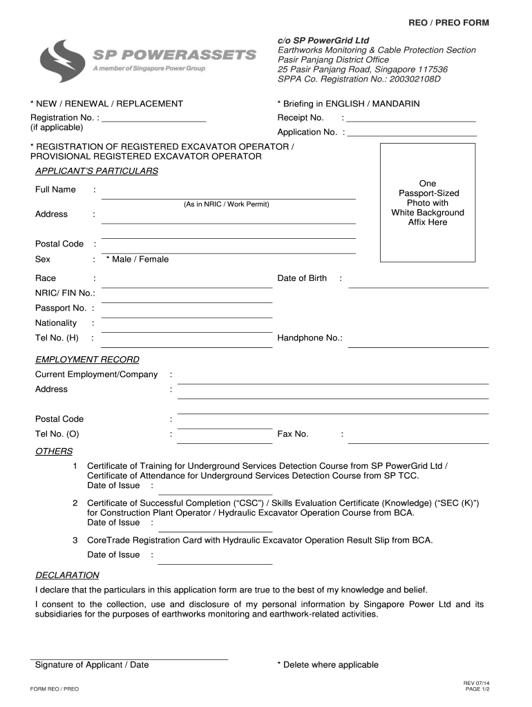 Registered Excavator Operator Renewal Singapore  Form