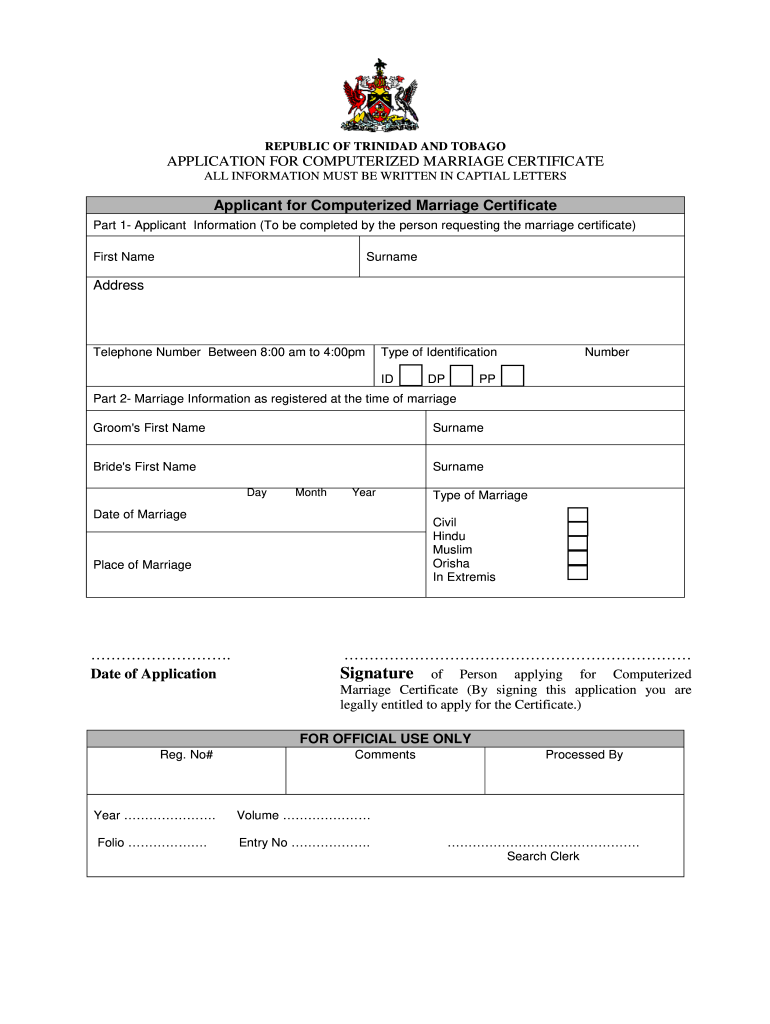 Trinidad Marriage Certificate Form
