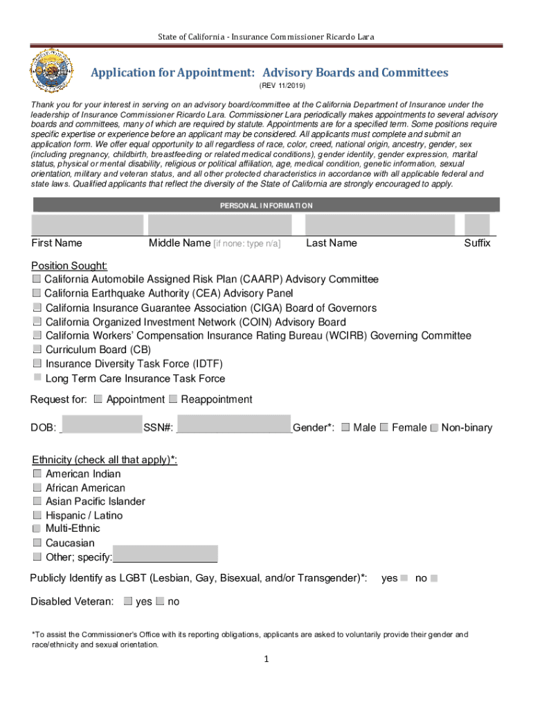  Application for Appointment CA Department of Insurance 2019-2024