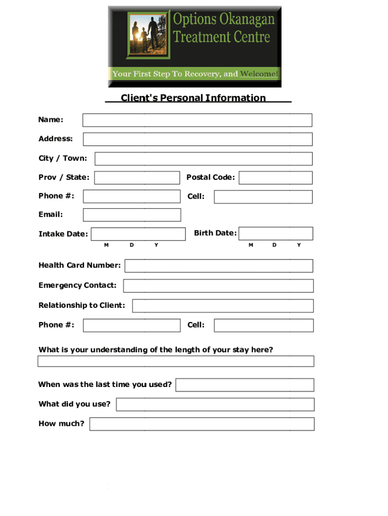 Options Okanagan Drug Rehab Center in BC Drug Rehab Intake Form