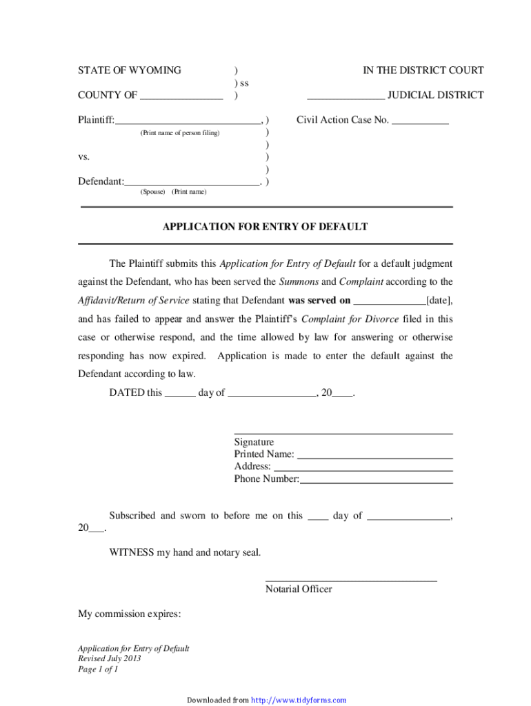  WY Application for Entry of Default 2013-2024