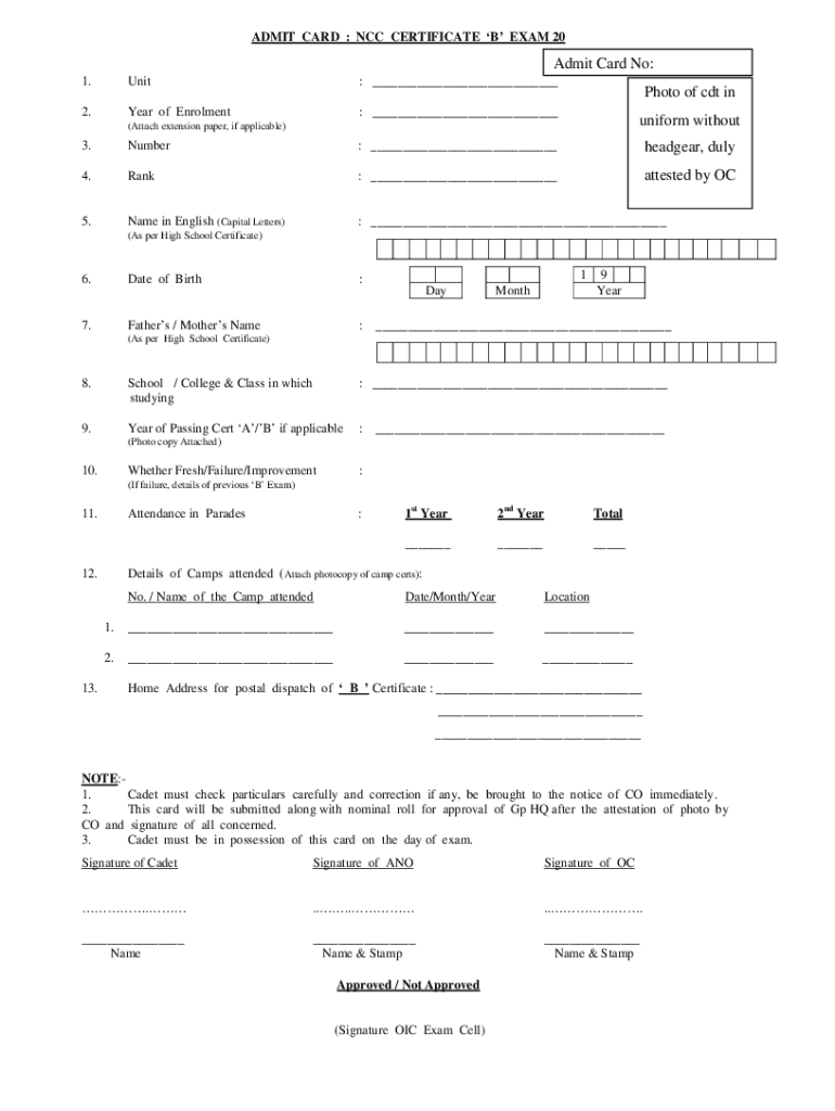ADMIT CARD NCC CERTIFICATE B EXAM 20  Form
