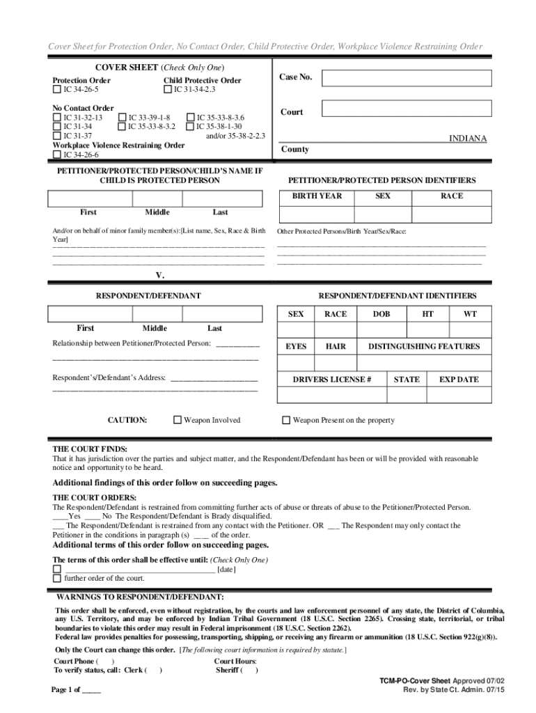  Cover Sheet for Protection Order, No Contact Order 2015-2024