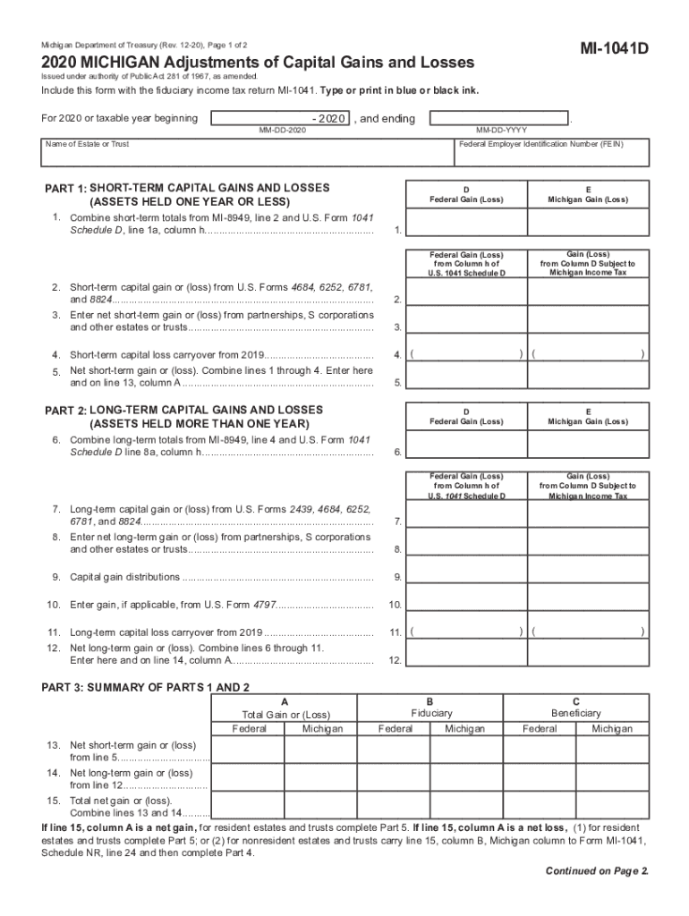  MICHIGAN Adjustments of Capital Gains and Losses MI 1041D MICHIGAN Adjustments of Capital Gains and Losses MI 1041D 2020