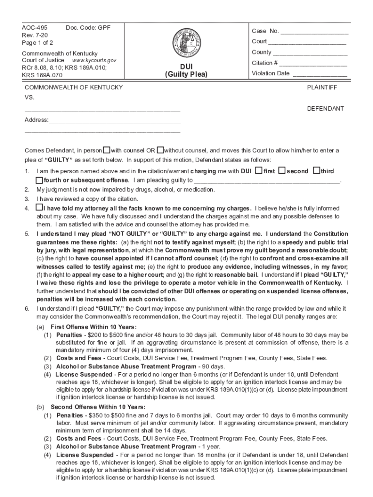  AOC 495 1 DOC Code DSR W E a L T H of Case Kycourts Gov 2020-2024