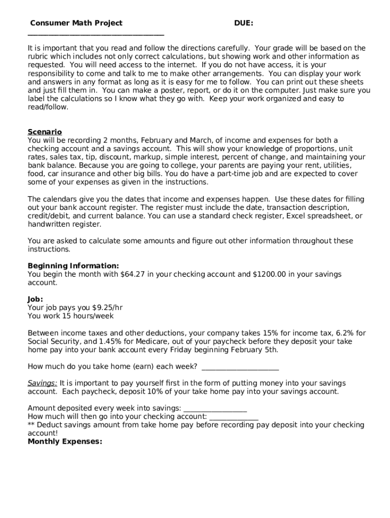 Consumer Math Project Answer Key  Form