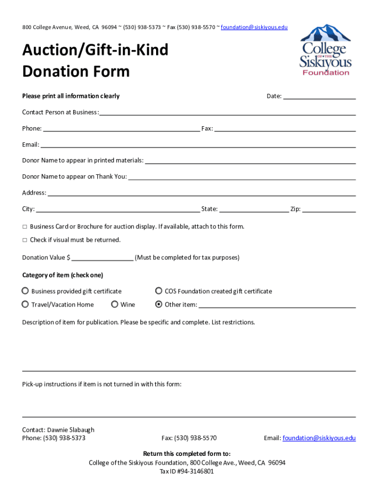 AuctionGift in Kind Donation Form