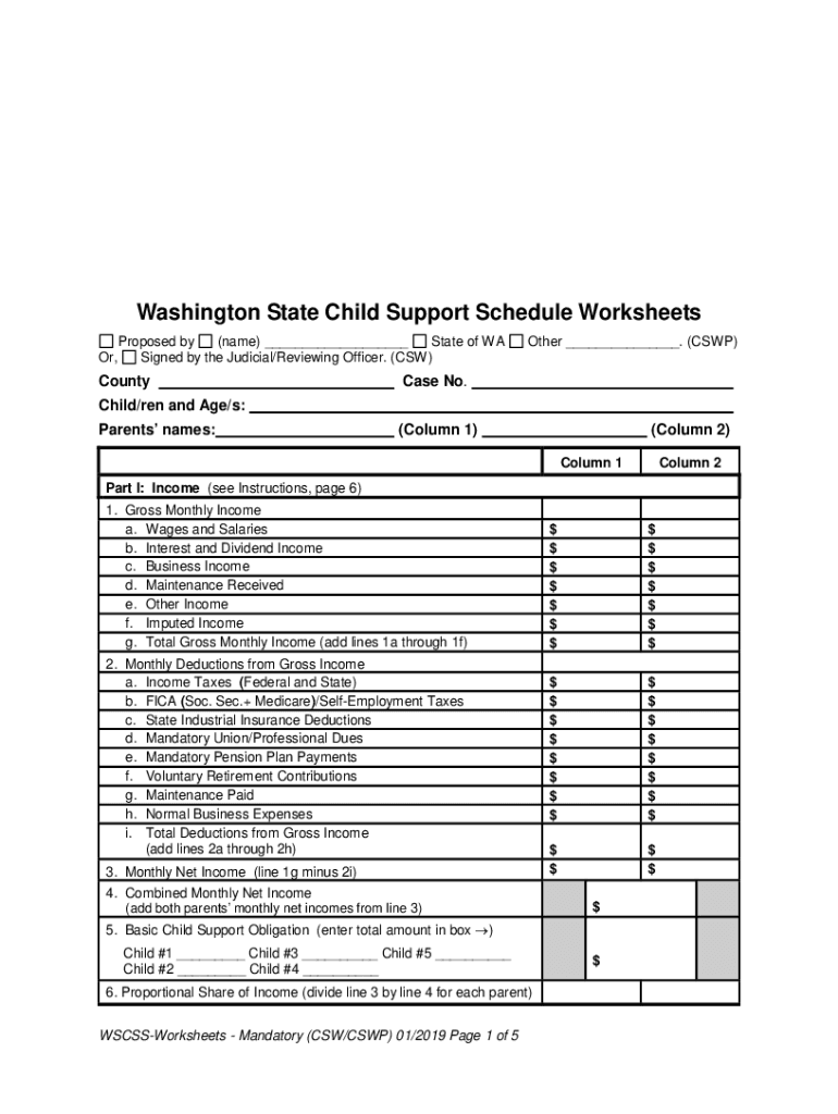  WA State Child Support Schedule Worksheets Schedule Worksheets 2019-2024
