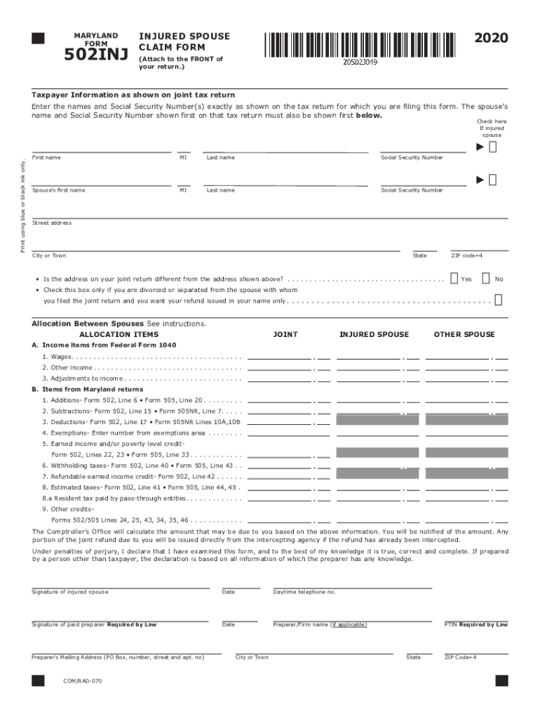  MARYLAND INJURED SPOUSE 00 FORM CLAIM FORM 0INJ 2020