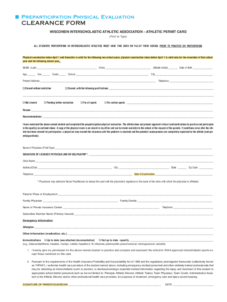 Participation Physical EvaluationCLEARANCE FORM WI