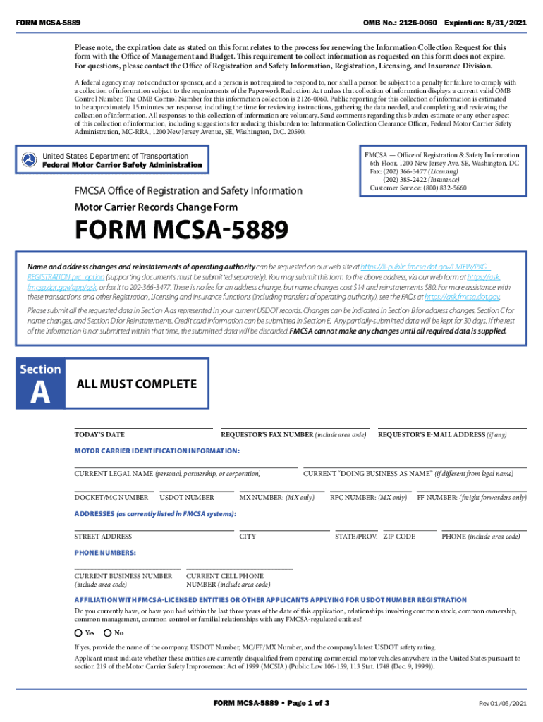  PDF FMCSA Form MCSA 5889 Federal Motor Carrier Safety 2021-2024