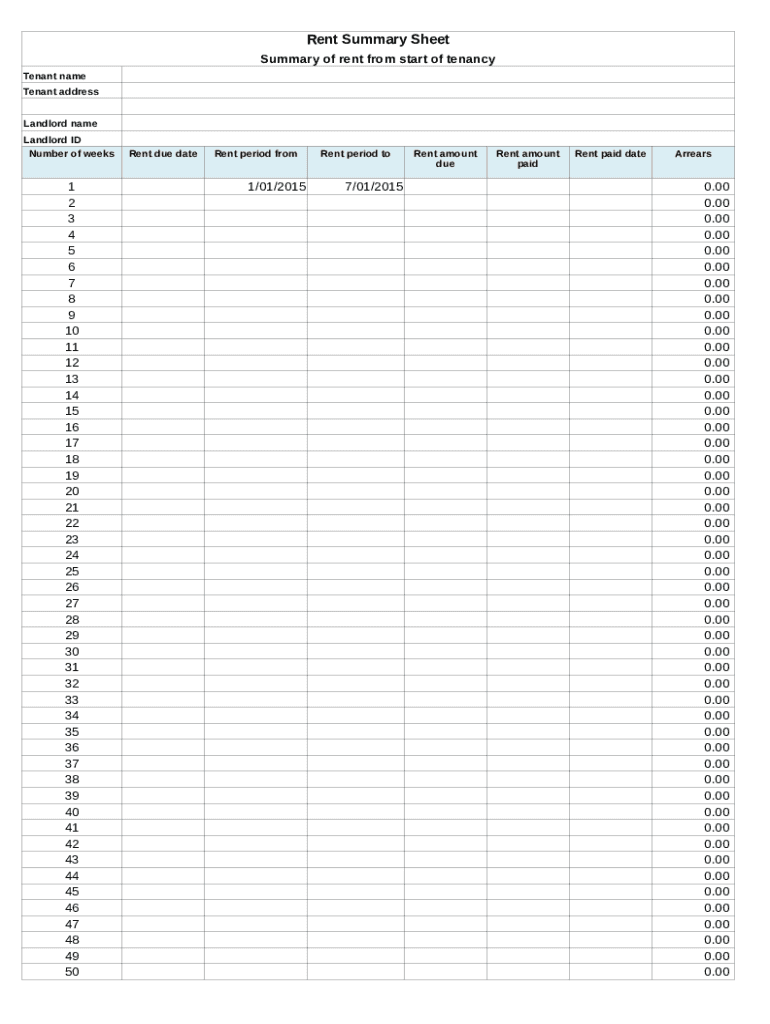 Rent Summary Sheet  Form