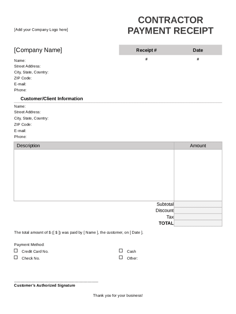 Contractor Cash Payment Receipt  Form