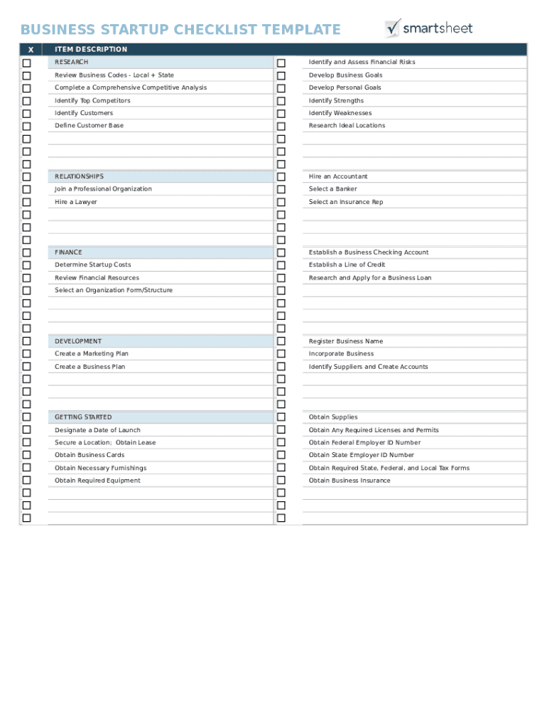 Business Startup Checklist Template  Form