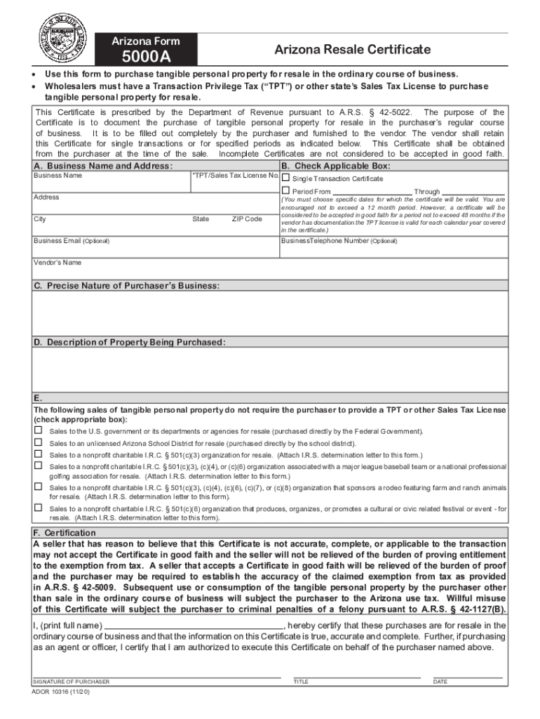  Arizona Form 5000A Arizona Resale Certificate 2020-2024