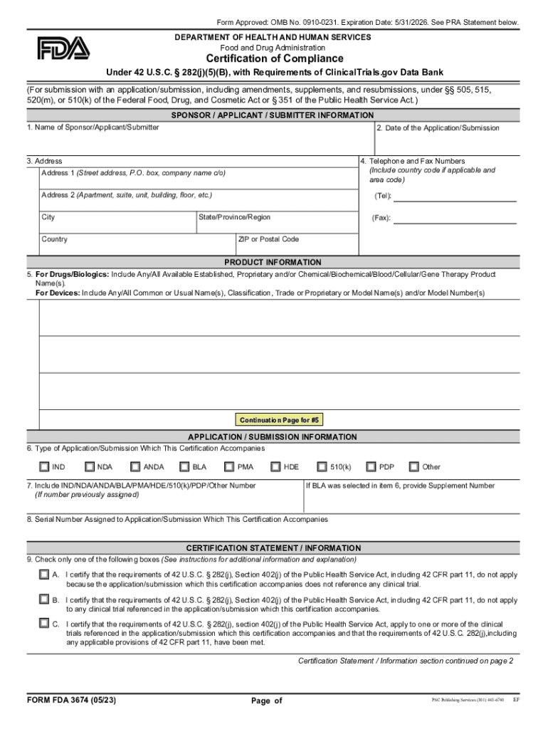  FORM FDA 3674 Certification of Compliance under 42 U S C 282j5B, with Requirements of ClinicalTrials Gov Data Bank 2023-2024