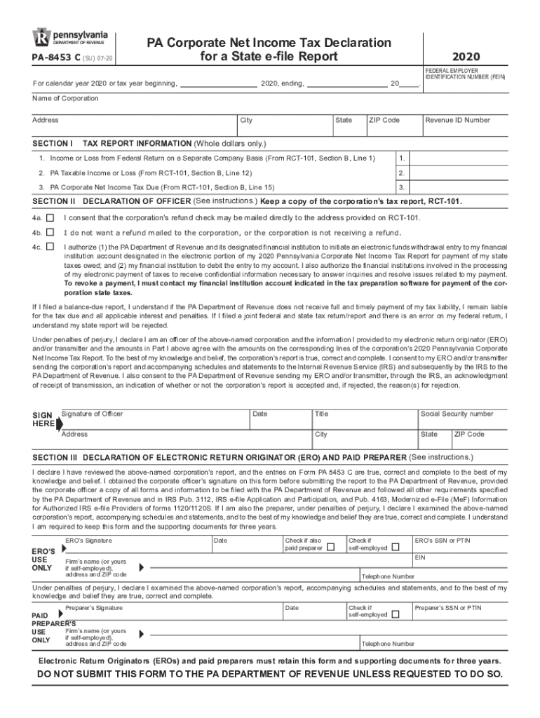  PA Corporate Net Income Tax Declaration for a State E File Report PA 8453 C PA Department of Revenue 2020