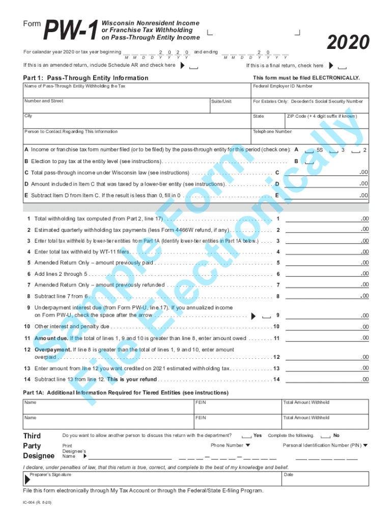  IC 004 Form PW 1 Wisconsin Nonresident Income or Franchise Tax Withholding on Pass through Entity Income 2020-2023