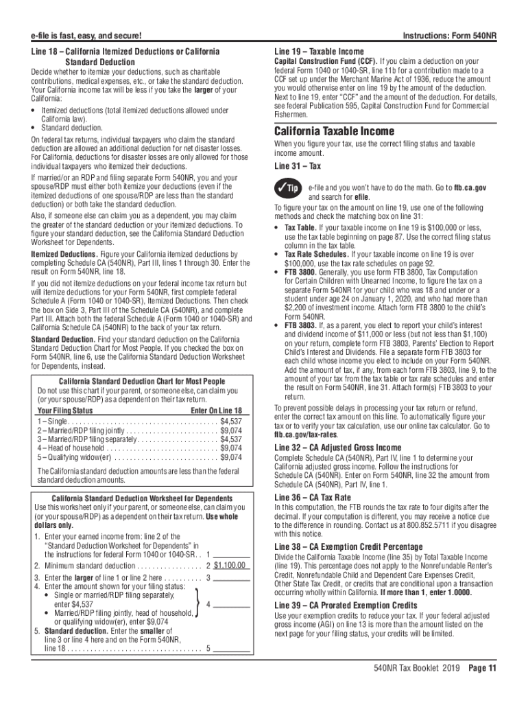  CALIFORNIA 540NR Forms & Instructions Nonresident or 2019-2024