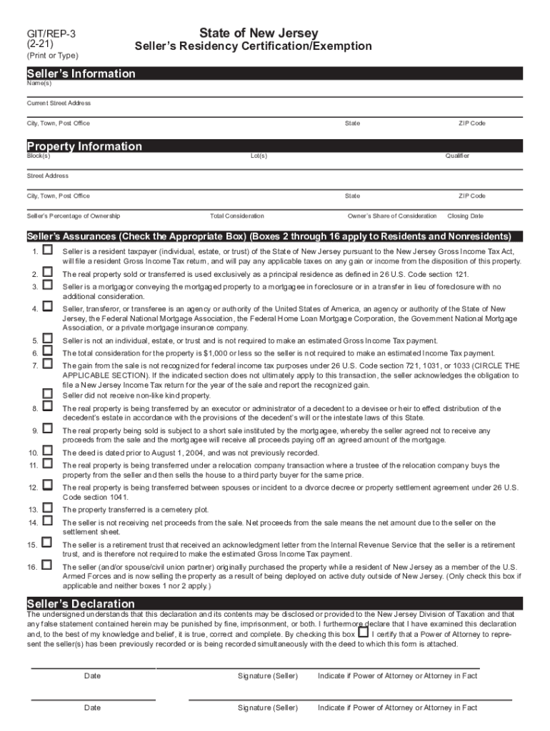  Sellers Residency CertificationExemption, Form GITREP 3 2021-2024