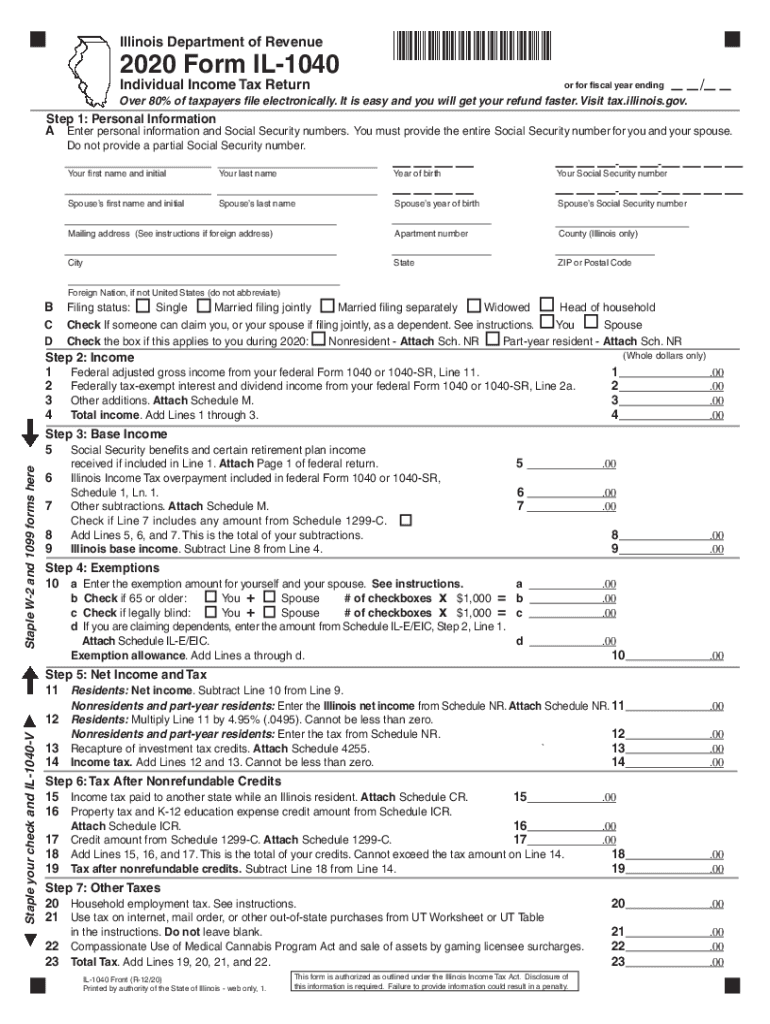  Illinois Form IL 1040 X Amended Individual Income Tax 2020