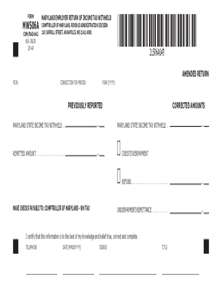  TY MW506A MARYLAND EMPLOYER RETURN of INCOME TAX WITHHELD 2020