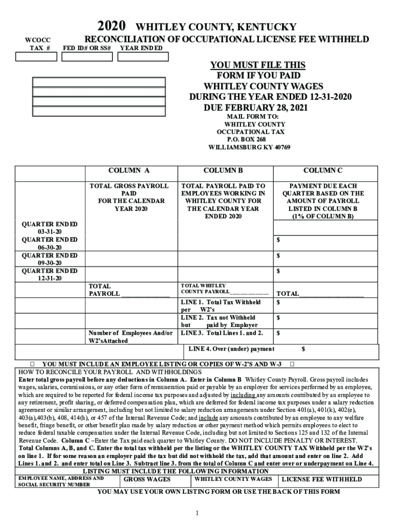  Occupational Tax Reconciliation Form Whitley County 2020