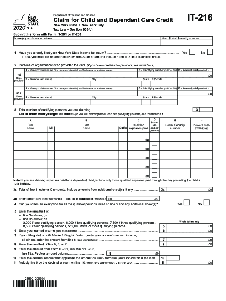  Form it 216 Claim for Child and Dependent Care Credit Tax 2020